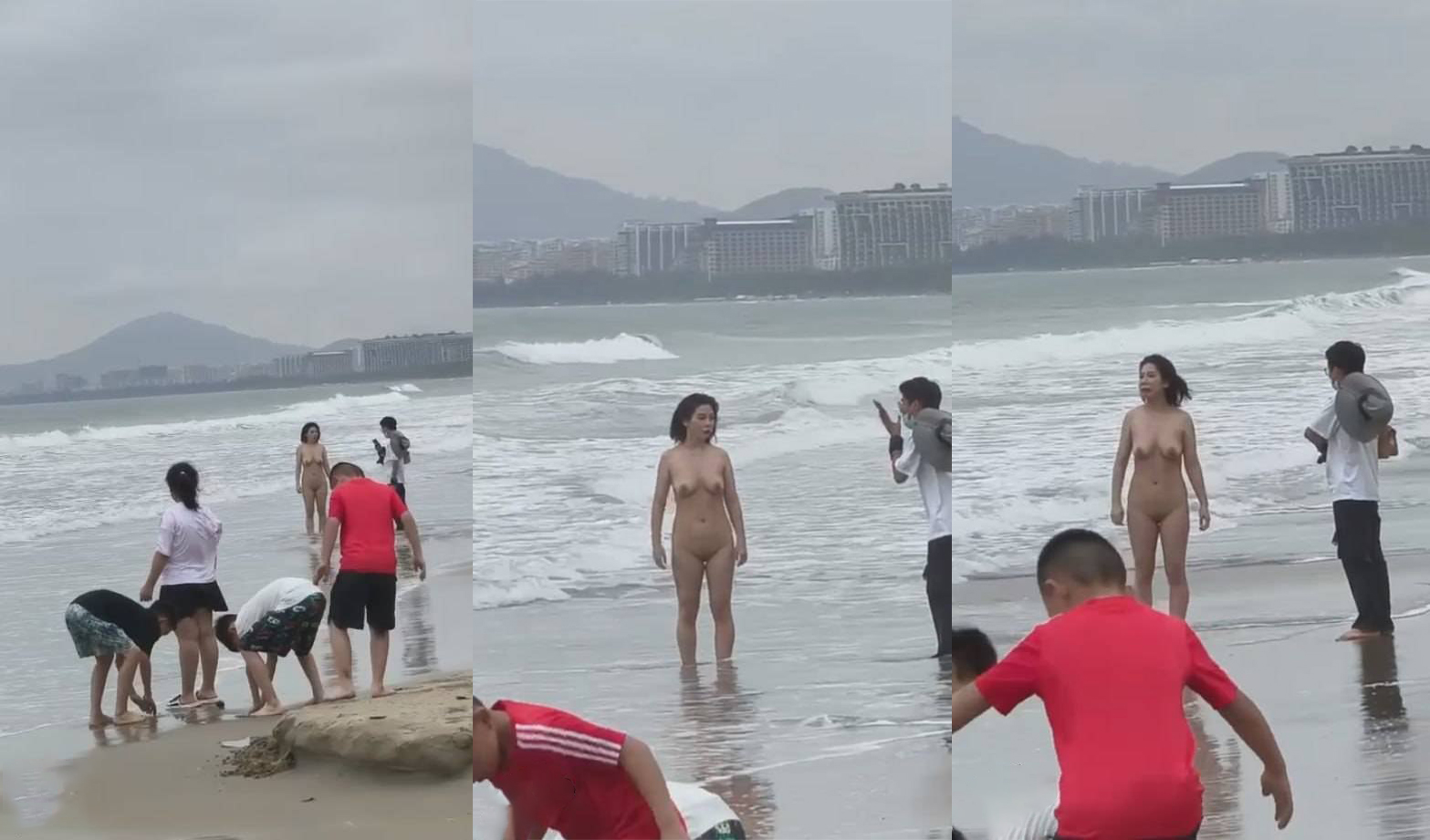 Jitterbug Eat Melon April 9 Sanya Bay, Hainan Beach Naked woman in front of a child exposed fully naked